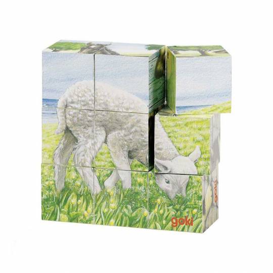 Puzzle cubes en bois animaux de la ferme 9 pièces Goki - 1