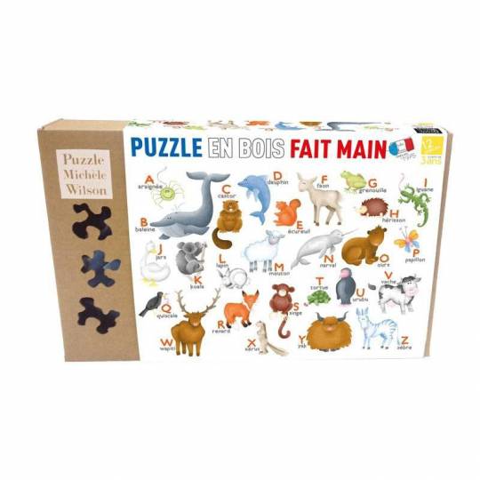 Puzzle en bois L'Alphabet des Animaux - 12 Pièces Boite Kraft Puzzle Michèle Wilson - 1
