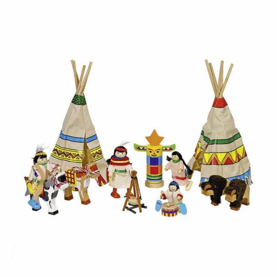 Camp d'indiens en bois et 4 poupées - Goki Toys Pure - 1