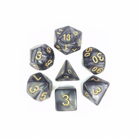 Lot de 7 Dés Noir nacré - sérigraphié or HD Dice - 1