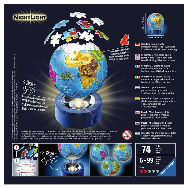 Puzzle 3D Ball 72 pcs illuminé - Globe - Ravensburger - BCD Jeux