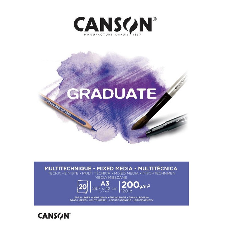 CANSON Bloc dessin blanc Graduate Mix Media 20 feuilles 200g A3 - BCD