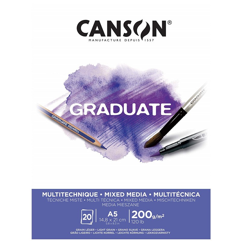 CANSON Bloc dessin blanc Graduate Mix Media 20 feuilles 200g A5