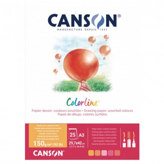 Bloc 25 feuilles Colorline A3 150g coloris assortis Feu Canson - 1