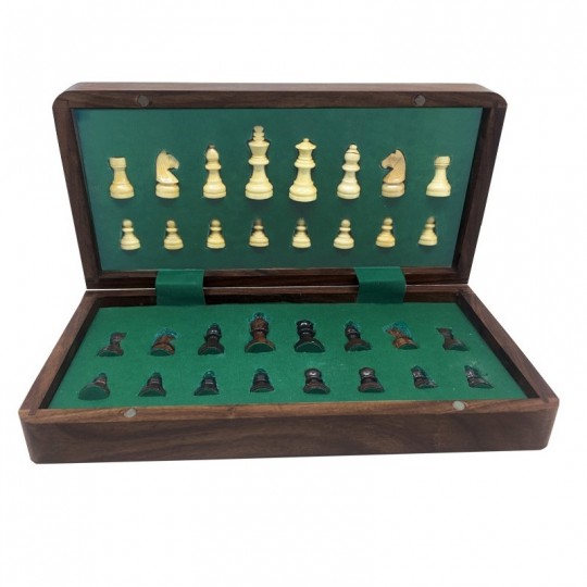 Jeu d'échecs pliant magnétique marqueté, 30 cm - Bois Patiné Loisirs Nouveaux - 1
