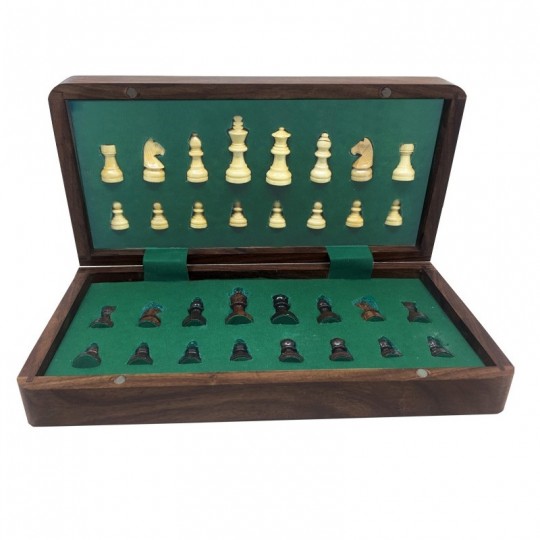 Jeu d'échecs pliant magnétique marqueté, 30 cm - Bois Patiné Loisirs Nouveaux - 2