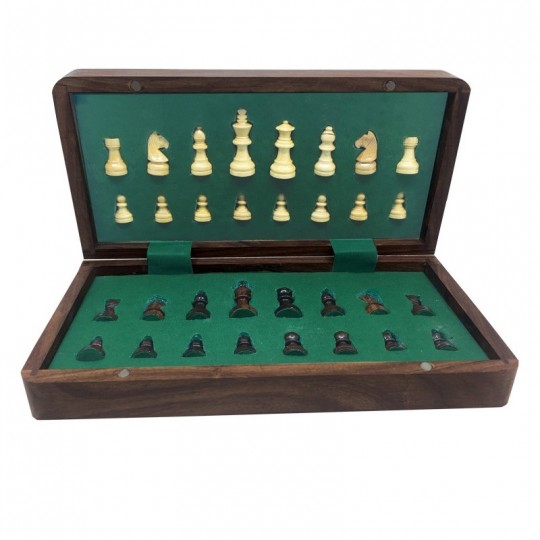 Jeu d'échecs pliant magnétique marqueté, 25 cm - Bois Patiné Loisirs Nouveaux - 2