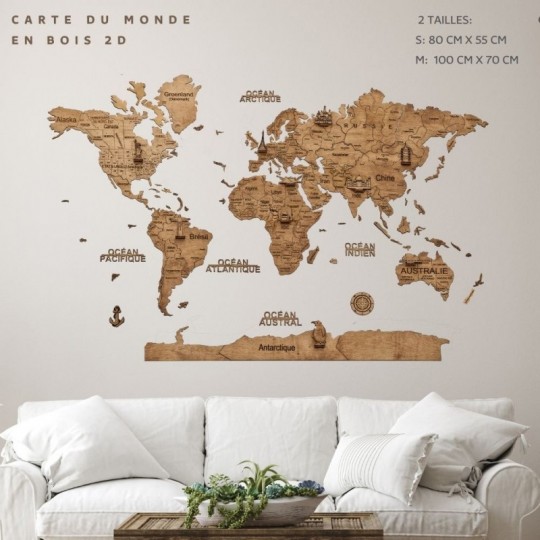 Carte du monde en bois 2D - 80 x 55 cm - taille S Foncée - Creatif Wood Creatif Puzzle - 3