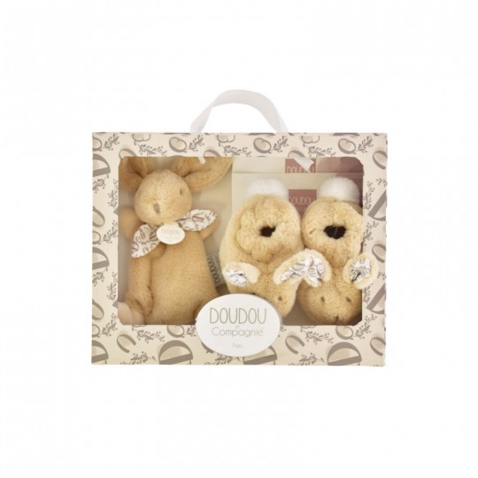 Lapin Doudou : Coffret cadeau Chaussons et Doudou Beige 15 cm - Doudou et compagnie Doudou et compagnie - 1