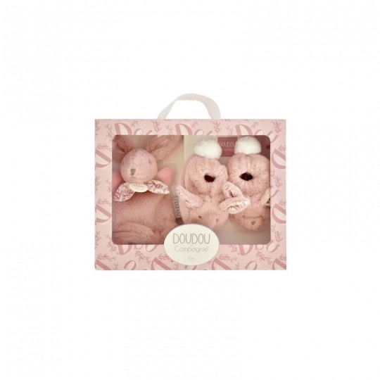 Lapin Doudou : Coffret cadeau Chaussons et Doudou Rose 15 cm - Doudou et compagnie Doudou et compagnie - 1