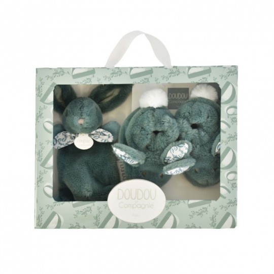 Lapin Doudou : Coffret cadeau Chaussons et Doudou Vert Sauge 15 cm - Doudou et compagnie Doudou et compagnie - 1