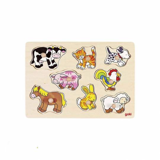 Puzzle à boutons en bois animaux de la ferme 8 éléments Goki - 1