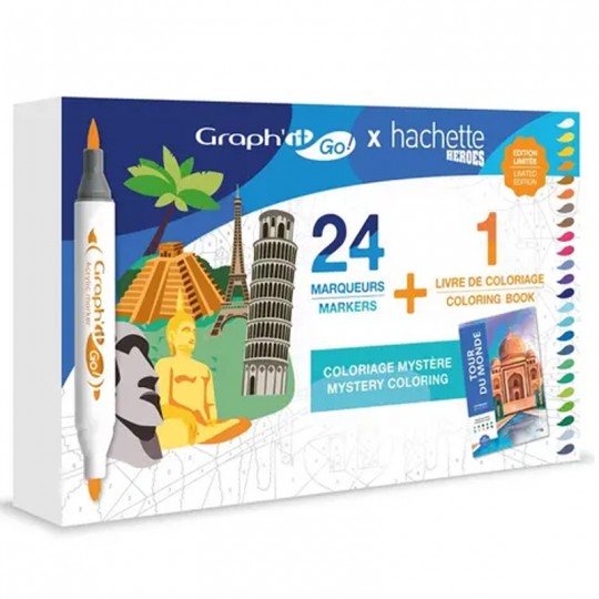 GRAPH'IT Set de 24 marqueurs + 1 livre de coloriage mystère Tour du monde Graph'it - 1