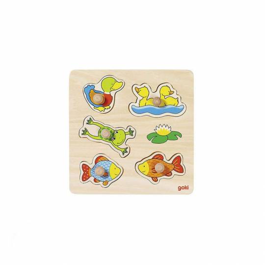 Puzzle à boutons en bois animaux d'étang 5 éléments Goki - 1