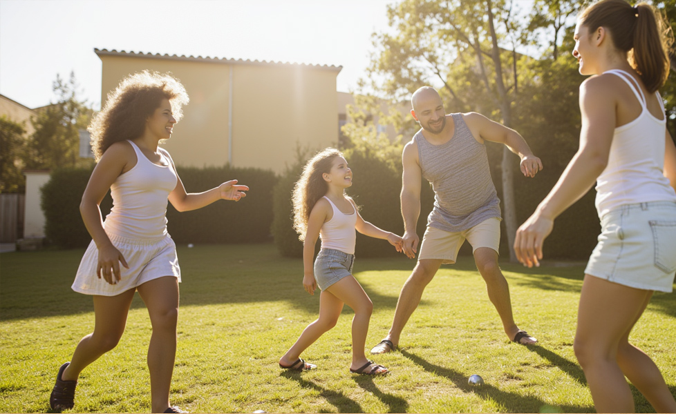 Jouer en famille dans le jardin au mois d'août