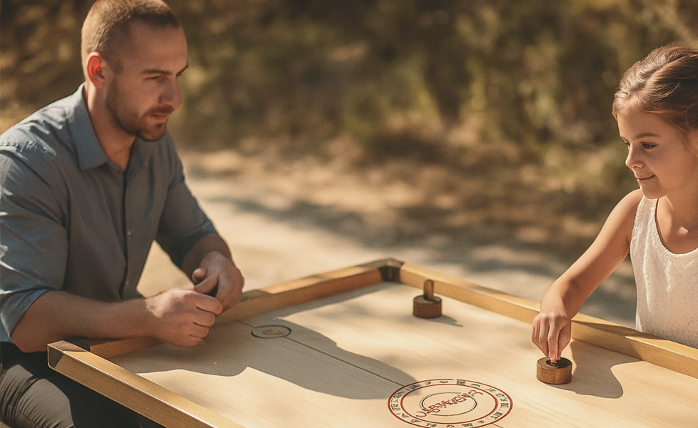 Un père et sa fille jouent à un jeu géants en bois, vintage et intergénérationnel