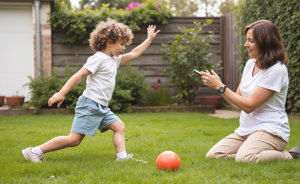 Une maman et son fils jouent dans leur jardin en été