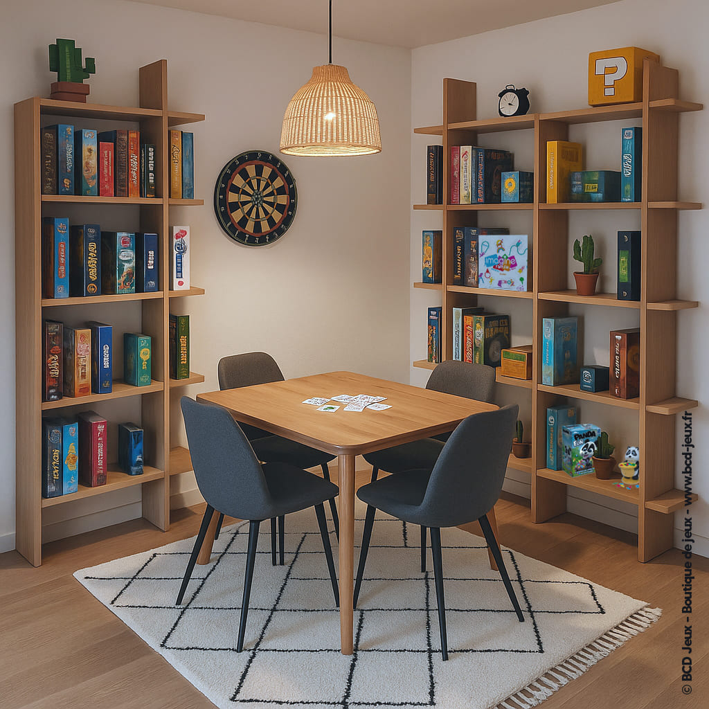 Pièce dédiée au jeu avec table, chaises, tapis berbère, suspension en rotin et colonnes d’étagères design