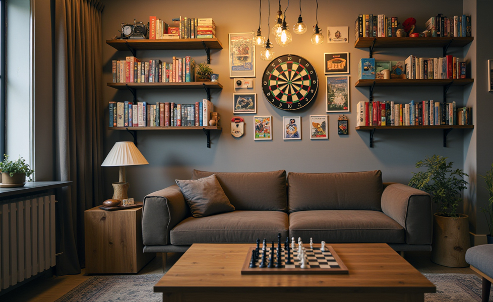 Petite salle de jeux geek avec étagères remplies de jeux de société, une cible de fléchettes au mur et un échiquier sur la table basse