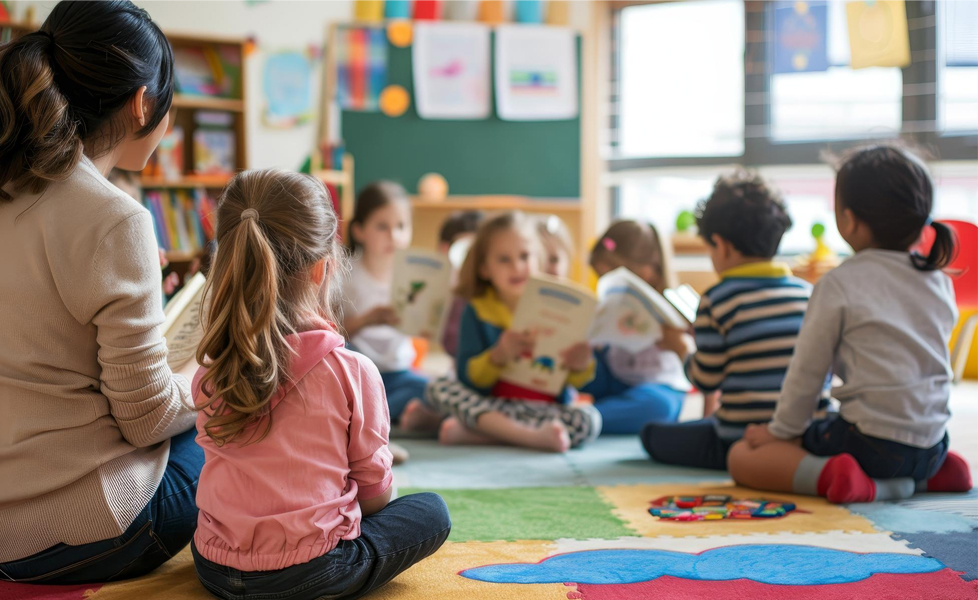 Une maitresse en fonction dans une école maternelle