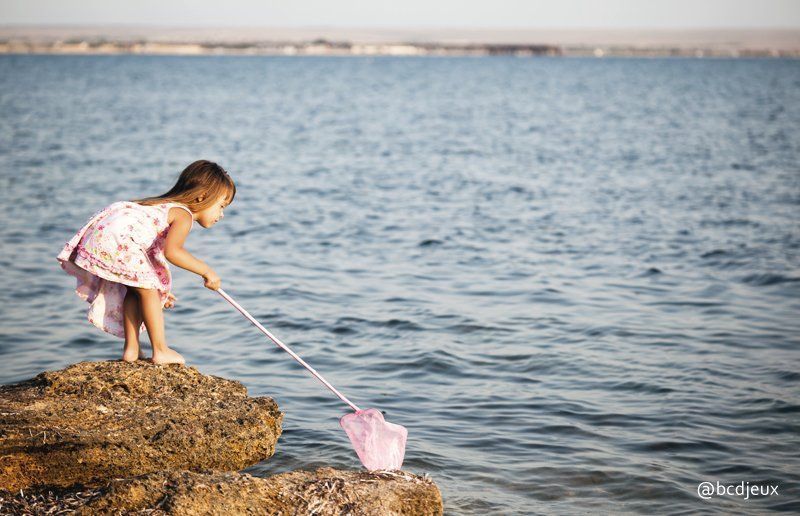 Une enfant par à la pêche à l'épuisette sur la plage