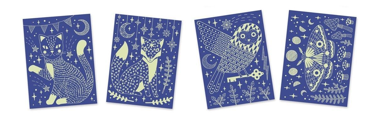 Cartes à gratter phosporescentes de la collection "Dans la nuit"